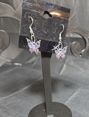 Butterfly Silver Drop Earrings with Pink & Purple Crystals